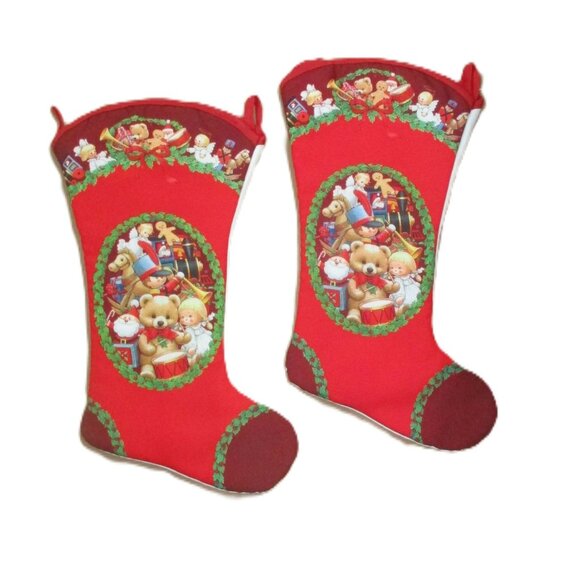 Set Of 2 Christmas Stockings 18" X 10" Teddy Bear & Toy Design Satin-Like Fabric - Picture 1 of 3